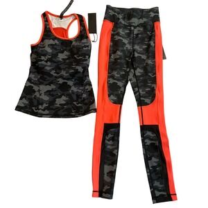 Fila Activewear Set XS Tank Top Leggings Camo Orange Trim‎ Fitness Workout
